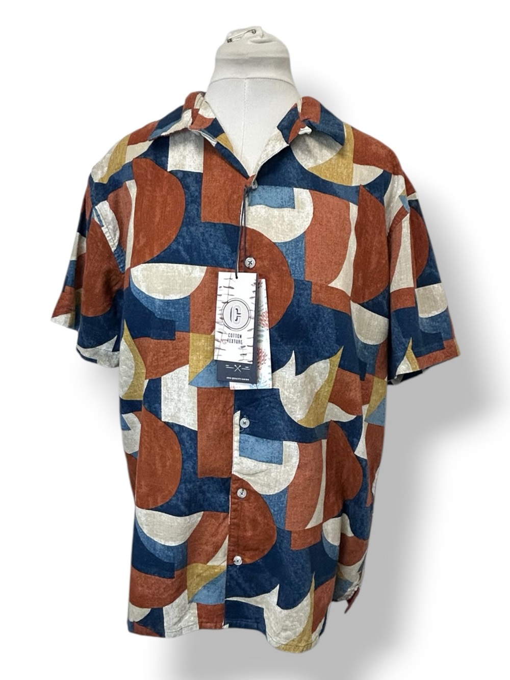 MBX Premium Goods Mens Short Sleeve Button-Down Shirt Geometric Rust/Blue/Cream